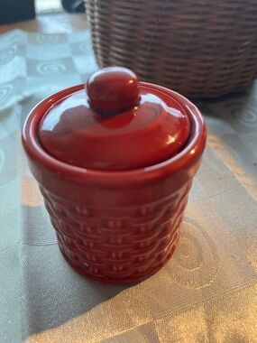 Pier 1 Red Ceramic Jar with White Rim